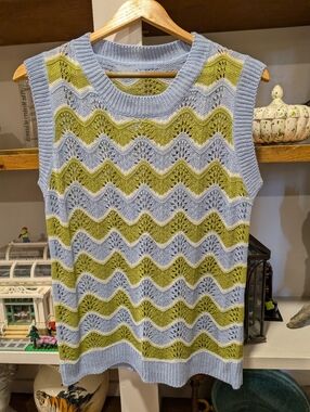 Granny Square Knit Crochet Sleeveless Sweater Muscle Tee Size Large